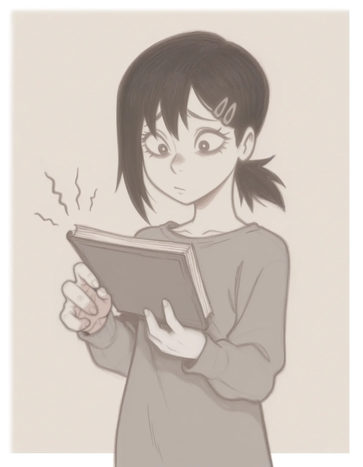 masterpiece, best quality, simple background, white border, 1girl, solo, <lora:anatomy_helper:0.8>
<lora:BranSant:0.9> bransant, traditional media, graphite \(medium\), limited palette,
holding book open, one hand holding, one hand turning page, looking at book, eye visible, detailed hands, medium shot, focused expression, higashiyama kobeni, chainsaw man