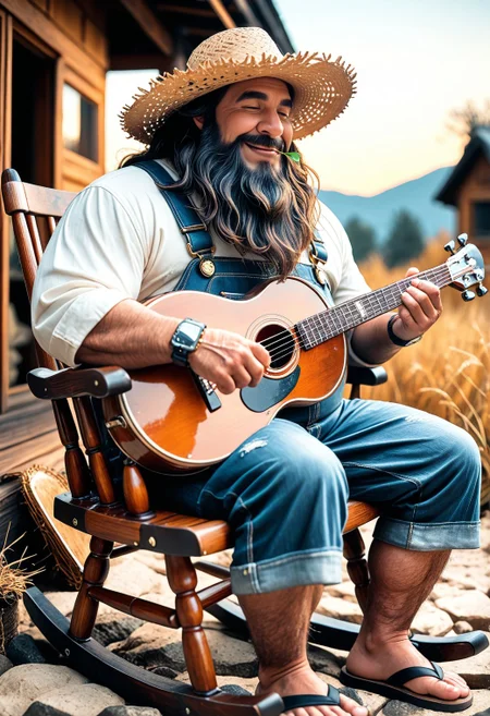 SmoothNoob_Quality, 1boy, solo, smile, long beard, wrinkled skin, fat man, straw hat, overalls, denim, white shirt, wristwatch, stalk in mouth, flip-flops, sitting, rocking chair, banjo, playing instrument, musical note, motion lines, outdoors, depth of field, cinematic, cabin, twilight, <lora:SLE_v2:0.25> <lora:Smooth_Booster_v3:0.6>