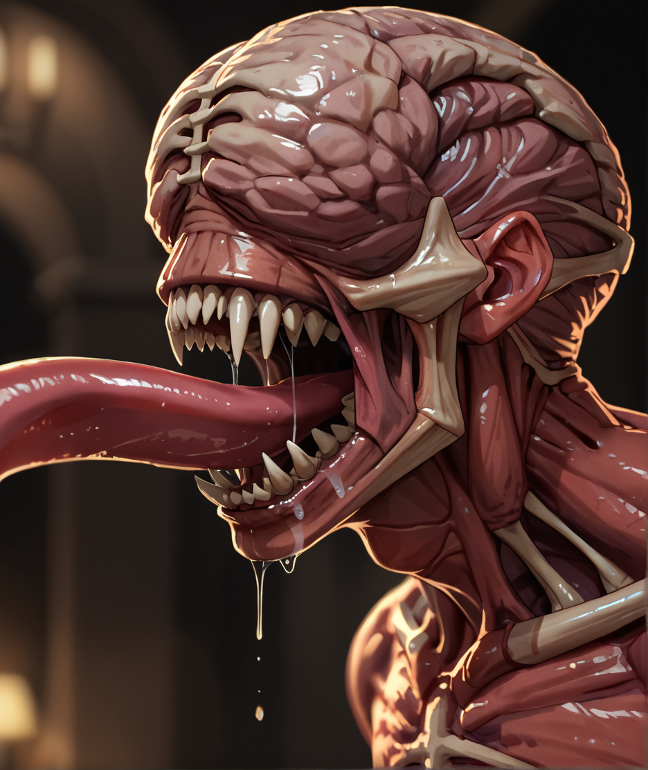 score_9_up,score_8_up,score_7_up,score_6_up,score_5_up,score_4_up, masterpiece, high quality, digital painting, source_furry, source_monster, BREAK,
portrait, close up, open mouth, long tongue, three quarter view, side view, saliva, drool, saliva strand, blurry background, dungeon, 
licker, monster, resident evil, red skin, exposed bones, spine, ribs, collar bone, white membrane, shiny skin,  sharp teeth, eyeless, exposed brain, brain, ribs,
<lora:Licker for PonyXL:0.6>, <lora:AdvancedEnhancerXLv2:2>