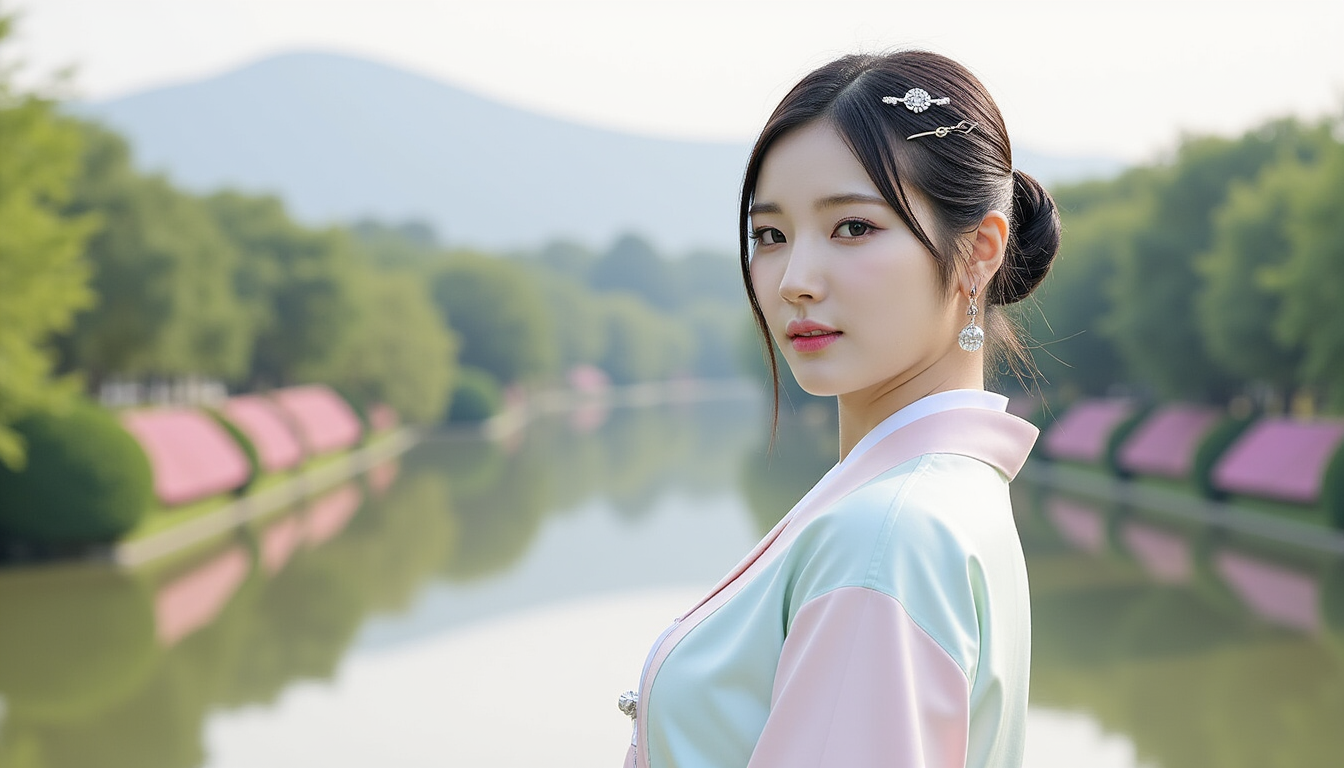 Imagine a young Asian woman dressed in the elegant attire of the Joseon era, standing in a serene and picturesque landscape. She wears a traditional hanbok, the delicate layers of fabric in shades of soft pastel blues, pinks, and creams flowing gracefully with the gentle breeze. The hanbok's jeogori (jacket) is adorned with intricate floral embroidery, symbolizing peace and prosperity, while her chima (skirt) falls in beautiful folds, creating a graceful silhouette.

Her hair is styled in a refined updo, with a simple yet elegant norigae (decorative tassel) hanging from the strings of her hairpin. A delicate silver hairpin shaped like a flower or bird rests securely in her hair, giving a subtle touch of sophistication. Her face radiates youth and grace, with gentle, almond-shaped eyes that reflect the quiet beauty of the surroundings.

She stands near a serene pond in a blooming garden, surrounded by lush greenery and the gentle mist of a distant palace range. The sky above is soft, either the light hues of dawn or the golden glow of dusk, lending a dreamy atmosphere to the scene. Her presence feels harmonious with the tranquil landscape, as if she belongs to the timeless elegance of this historical moment.