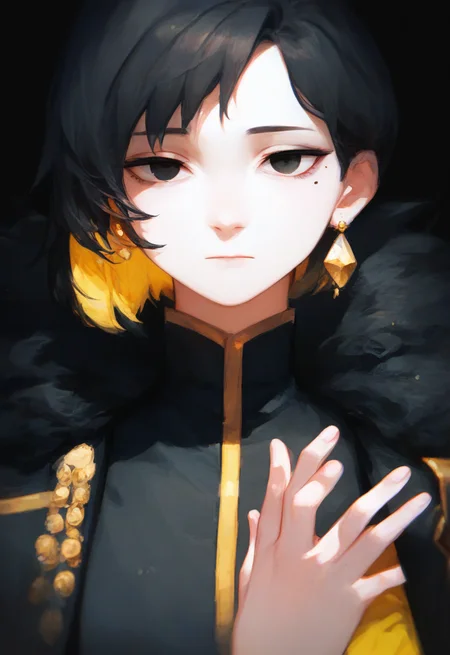 (score_9, score_8_up:1.1), score_7_up, masterpiece, perfect face, beautiful face, perfect hands, beautiful hands, <lora:BinahPM:1>, BinahPM, BinahLC, 1girl, solo, looking at viewer, short hair, simple background, black hair, jewelry, closed mouth, upper body, multicolored hair, earrings, mole, black eyes, coat, fur trim, mole under eye, black background, colored inner hair, multicolored hair, black hair, yellow hair