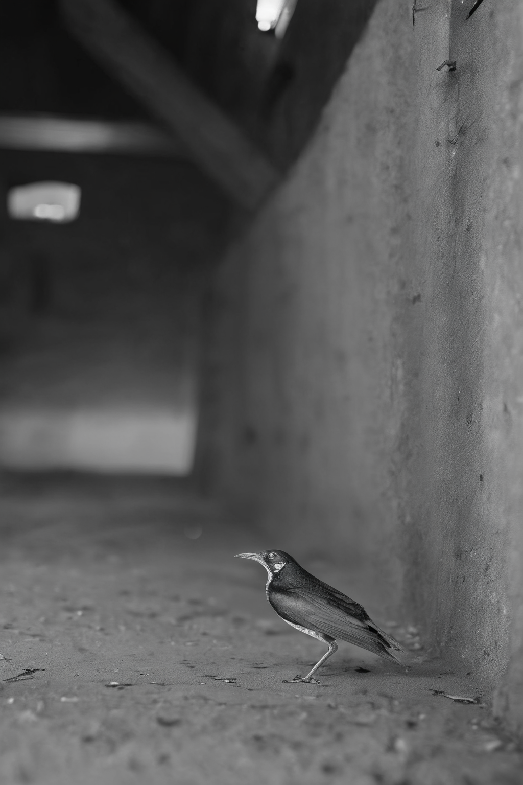 <lora:Photographer Elena Helfrecht Style:1>Photographer Elena Helfrecht Style - a black and white photo of a bird on the ground next to a wall