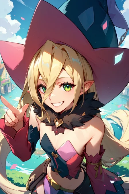 score_9, score_8_up, score_7_up, very aesthetic, source_anime, detailed, high quality, beautiful, masterpiece, detailed eyes,
village,
<lora:lightXL:0.8>
smile, grin, pointing sideway, dynamic angle, bending,
<lora:magilou_autismConfetti_v01:0.95>
magilou \(tales\), blonde hair, very long hair, green eyes, hair between eyes, pointy ears,
bare shoulders, hat, mismatched sleeves, asymmetrical sleeves, detached sleeves, fur collar, fur-trimmed collar, mismatched legwear, asymmetrical footwear, mismatched footwear, strapless,, zPDXL