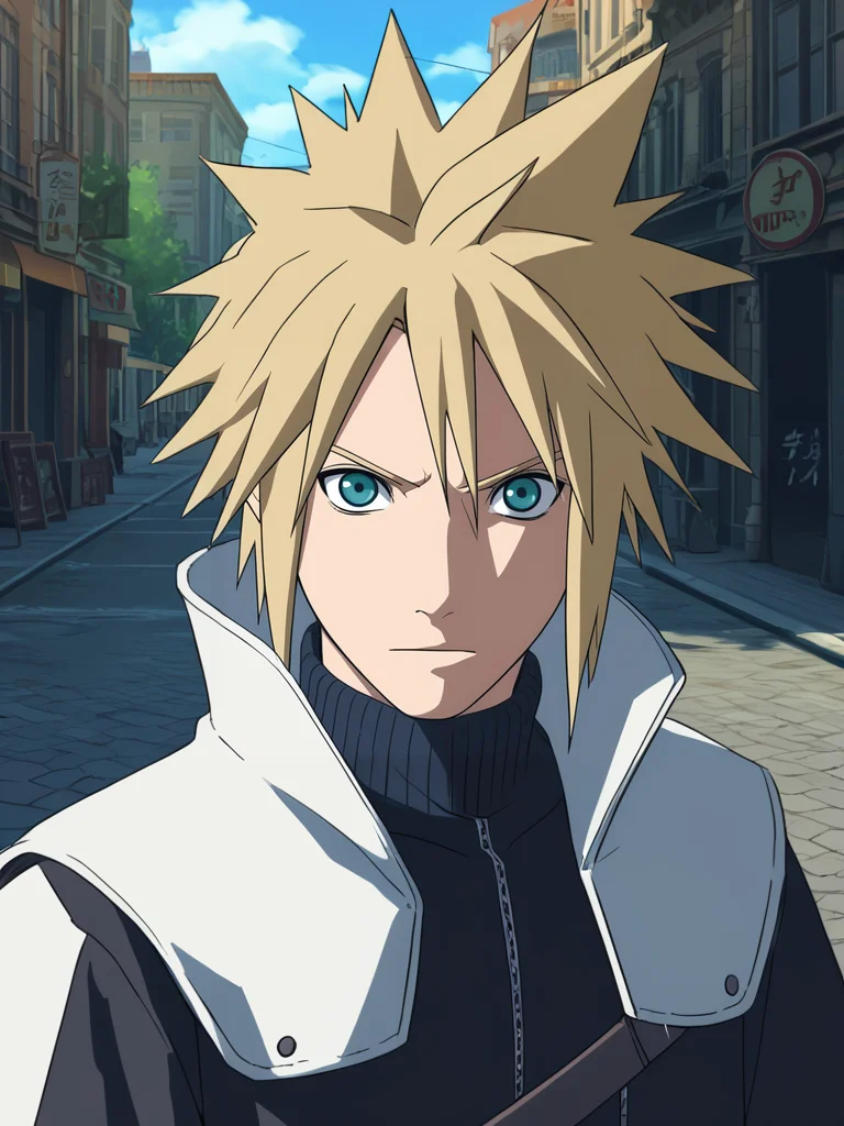 score_9, score_8_up,score_7_up,Source_anime,1boy,cloud strife,<lora:Naruto_Storm_Style:0.7> street,NS Style,upper body,