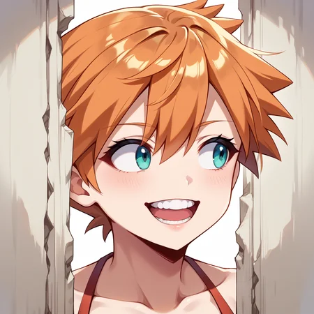 score_9, score_8_up, score_7_up, best quality, masterpiece, source_anime, zPDXL2, BREAK , theshining, open mouth, smile, teeth, looking away, misty_\(pokemon\) <lora:The_shining_meme:1.3>