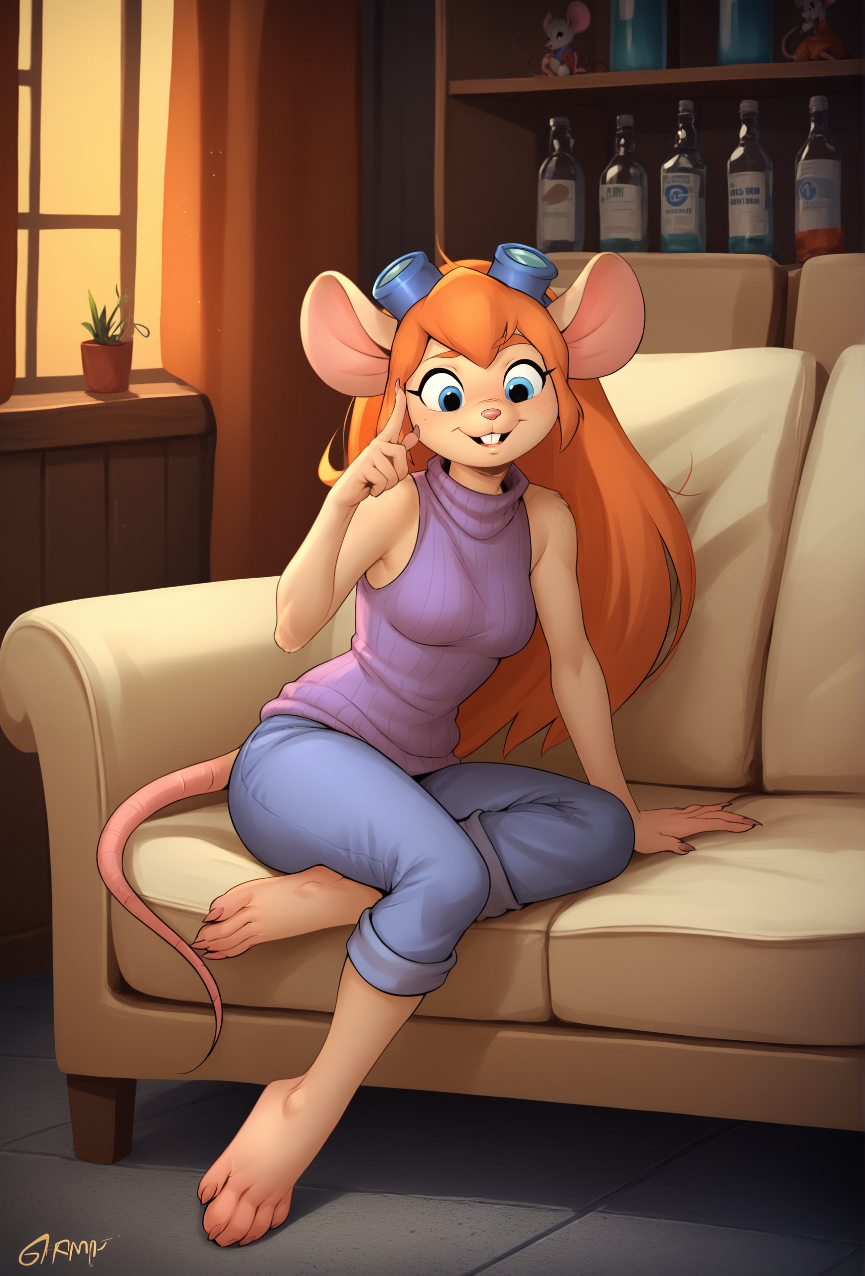 score_9, score_8_up, score_7_up, score_6_up, score_5_up, score_4_up,  <lora:cabronpr_style_ponyXL_v1.3:1> cabronpr, laboratory, science fiction,
1girl, furry, gadget hackwrench, purple sweater, sleeveless, shorts, barefoot, goggles on head, orange hair, long hair, mouse girl, mouse ears, mouse tail, couch, claws, buck teeth