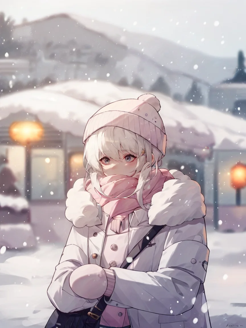 score_9, score_8_up, score_7_up, score_6_up, score_5_up, <lora:snowXLP:1> snow, outdoors, winter, 1girl, solo, hat, snowing, white hair, white coat, fur trim, winter clothes, blurry background, pink scarf