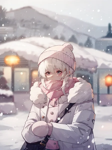 score_9, score_8_up, score_7_up, score_6_up, score_5_up, <lora:snowXLP:1> snow, outdoors, winter, 1girl, solo, hat, snowing, white hair, white coat, fur trim, winter clothes, blurry background, pink scarf