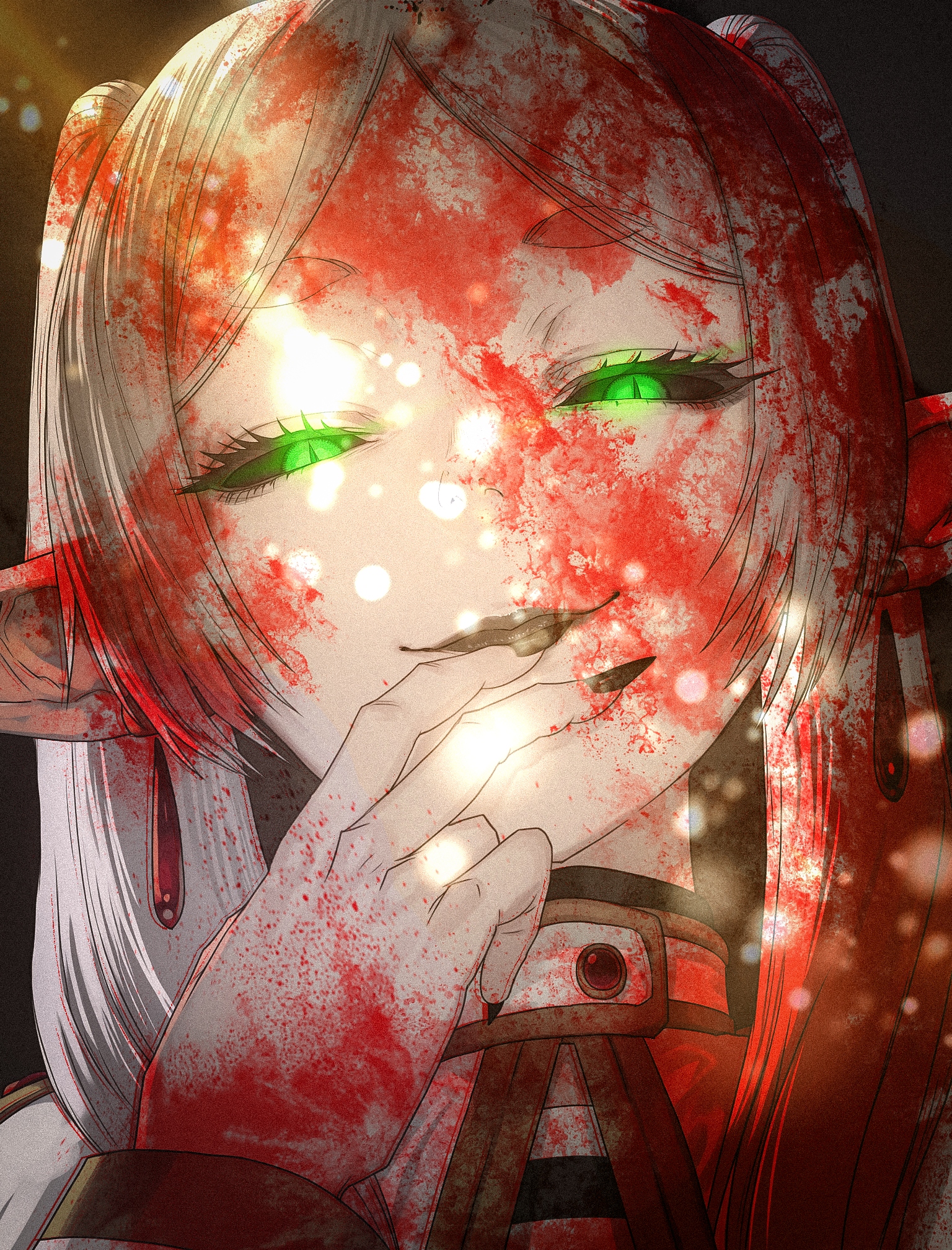 1girl, solo, facing viewer, portrait, upper body, 
frieren, black sclera, half-closed eyes, slit pupils, green eyes, smirk, closed mouth, staring, looking down, looking at viewer, hand on own lips, long fingers, sharp fingernails, black nails, black lips, from below, 
masterpiece, best quality, amazing quality, very aesthetic, 
(lips, nose:1.2),
(by sawarakajin:1.25),