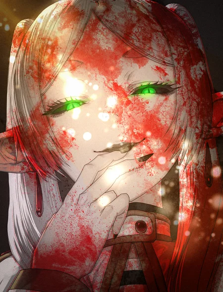 1girl, solo, facing viewer, portrait, upper body,
frieren, black sclera, half-closed eyes, slit pupils, green eyes, smirk, closed mouth, staring, looking down, looking at viewer, hand on own lips, long fingers, sharp fingernails, black nails, black lips, from below,
masterpiece, best quality, amazing quality, very aesthetic,
(lips, nose:1.2),
(by sawarakajin:1.25),