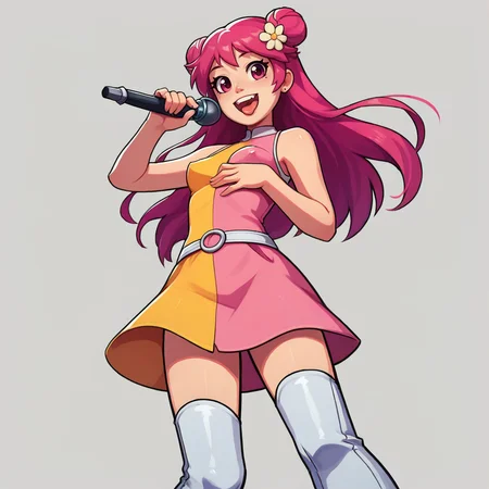 yumi,  score_9, score_8_up, score_7_up, score_6_up,  BREAK  <lora:Hi_Hi_Puffy_AmiYumi:0.7>,AmiYumi, solo,girl, cute, excited,  Seductive look, medium breasts, one breast out, hold breasts, pov from below, bra,  ami , 1girl, 1girl, microphone, solo, boots, pink_hair, skirt, smile, standing, hair_ornament, knee_boots, double_bun, white_footwear, thighhighs, sleeveless, flower, dress, upper body, nsfw, covered nipples, long hair, sing,