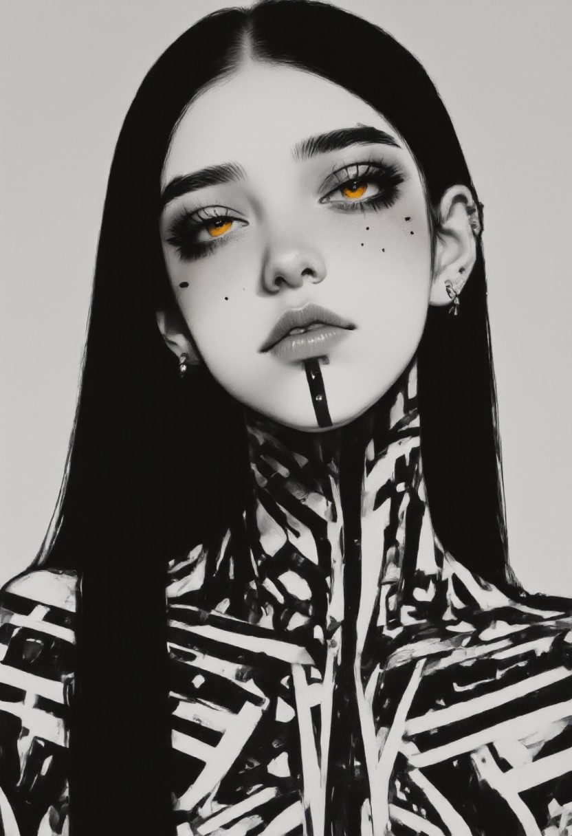 This is a high-resolution, monochromatic photograph of a young woman with an otherworldly appearance. She has light skin with a scattering of freckles across her face and neck, giving her a youthful, fresh look. Her eyes are glowing a bright, eerie yellow, lacking pupils and irises, which adds to the mysterious and unsettling atmosphere of the image. Her hair is dark and pulled back, with a few strands falling loosely around her face. 
She wears tribal-inspired, geometric black body paint on her face, neck, and shoulders, featuring intricate patterns and shapes that resemble futuristic or ancient tribal designs. The black markings are bold and sharp, contrasting starkly against her pale skin. Her lips are full and slightly parted, giving a contemplative expression. She has a silver ring piercing in each ear, adding a modern, edgy touch to her appearance.
The background is a plain, light gray, which helps emphasize the subject without any distractions. The overall aesthetic combines elements of tribal art, body paint, and a futuristic cyberpunk style, blending seamlessly into a haunting, avant-garde portrait. The lighting is soft and even, casting subtle shadows that enhance the contours of her face and the intricate patterns on her skin.
