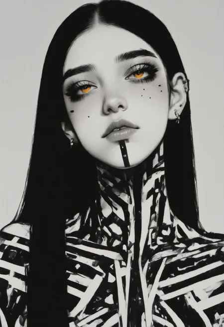 This is a high-resolution, monochromatic photograph of a young woman with an otherworldly appearance. She has light skin with a scattering of freckles across her face and neck, giving her a youthful, fresh look. Her eyes are glowing a bright, eerie yellow, lacking pupils and irises, which adds to the mysterious and unsettling atmosphere of the image. Her hair is dark and pulled back, with a few strands falling loosely around her face.
She wears tribal-inspired, geometric black body paint on her face, neck, and shoulders, featuring intricate patterns and shapes that resemble futuristic or ancient tribal designs. The black markings are bold and sharp, contrasting starkly against her pale skin. Her lips are full and slightly parted, giving a contemplative expression. She has a silver ring piercing in each ear, adding a modern, edgy touch to her appearance.
The background is a plain, light gray, which helps emphasize the subject without any distractions. The overall aesthetic combines elements of tribal art, body paint, and a futuristic cyberpunk style, blending seamlessly into a haunting, avant-garde portrait. The lighting is soft and even, casting subtle shadows that enhance the contours of her face and the intricate patterns on her skin.