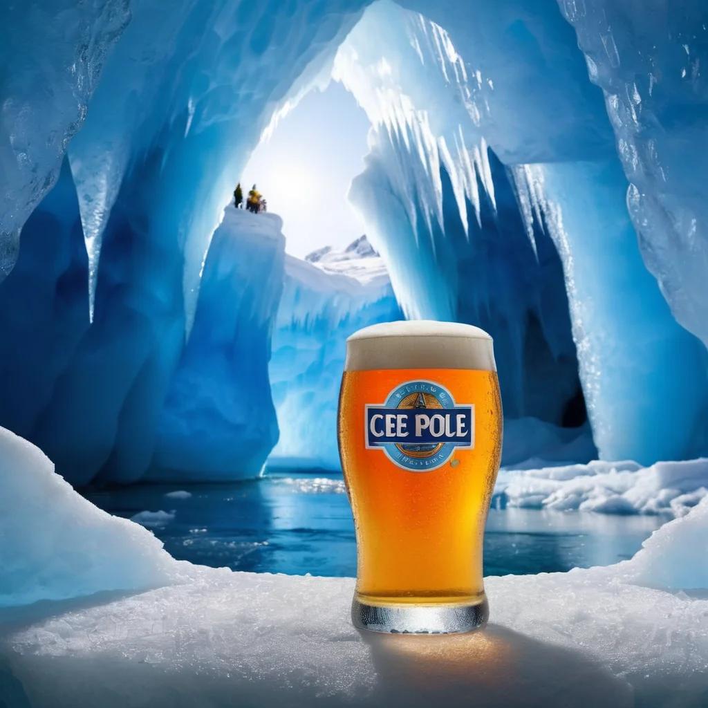 Advertising poster style,  <lora:Advertising:1.2>
A creative photo of  a pint of beer sitting in front of a blue ice cave in the north pole advertising style, Professional, modern, product-focused, commercial, eye-catching, highly detailed