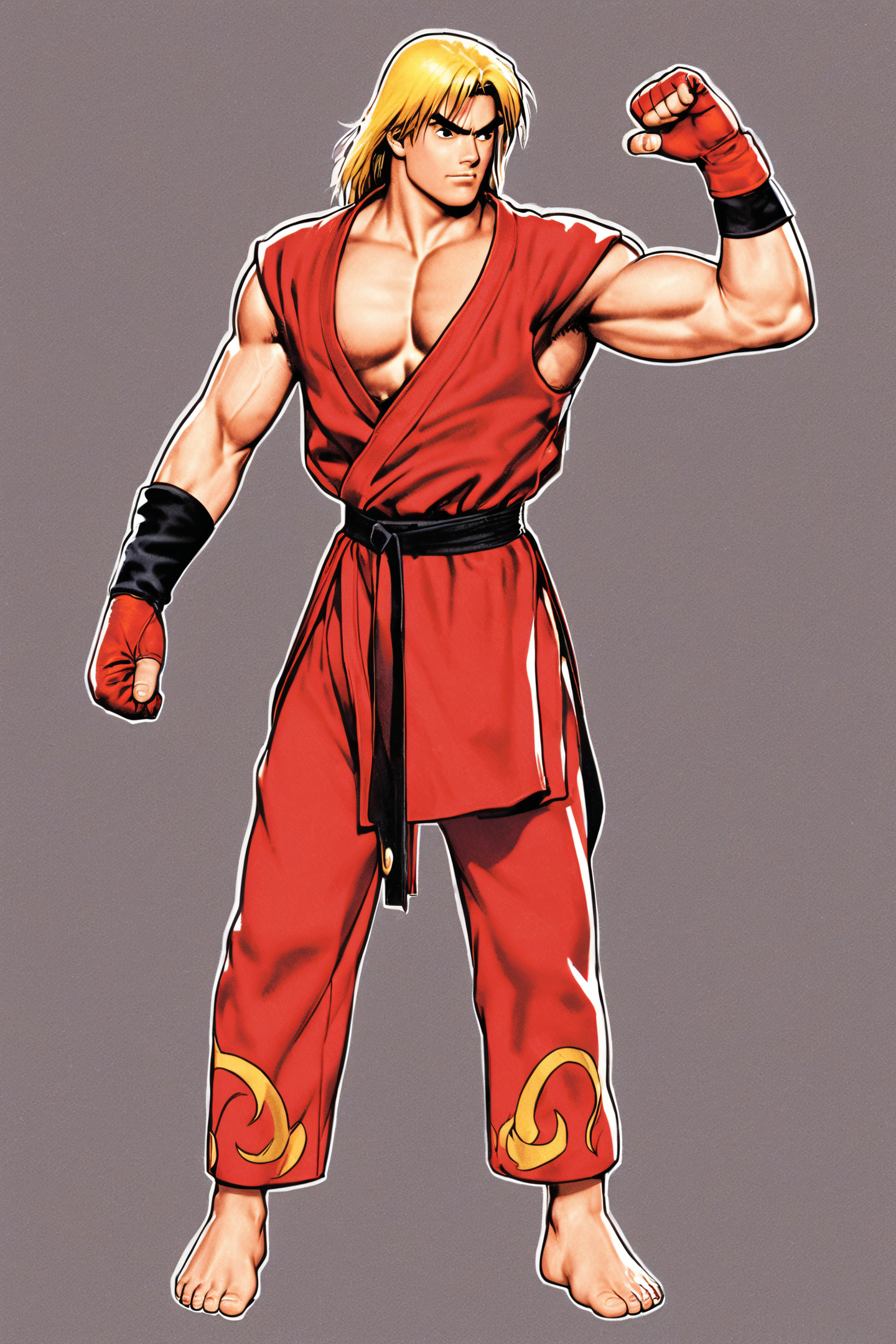 ken masters,1boy,male focus,solo,blonde hair,barefoot,red dougi,gloves,standing,
<lora:shinkiro_XL_v2:0.9>,