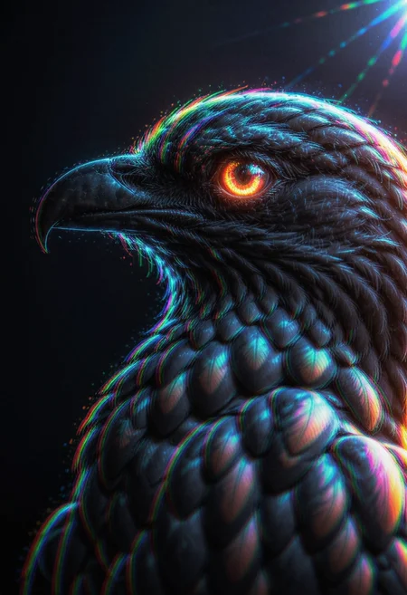 cinematic still photography, photonic raven with iridescent feathers and prismatic eyes, fluorescent, night time, midflight, high contrast, bokeh, chromatic aberration, vibrant, highly detailed, glitching particles, luminescent infernal gaze, horus eye, 4k <lora:dmd2_sdxl_4step_lora> <lora:xl_spo_sdxl_10ep_4k-data_lora_webui> <lora:xl_chromatic_a_CAXL_001_4>