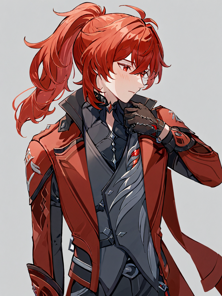 ultra-detailed,(best quality),((masterpiece)),(highres),original,extremely,<lora:diluc2_xl:1>,diluc (genshin impact), 1boy, long hair, male focus, gloves, solo, red eyes, red hair, black gloves, ponytail, black pants, official alternate costume, bangs, pants, red coat, long sleeves, simple background, hair between eyes, coat, vest, blush, shirt, two-tone gloves, sidelocks