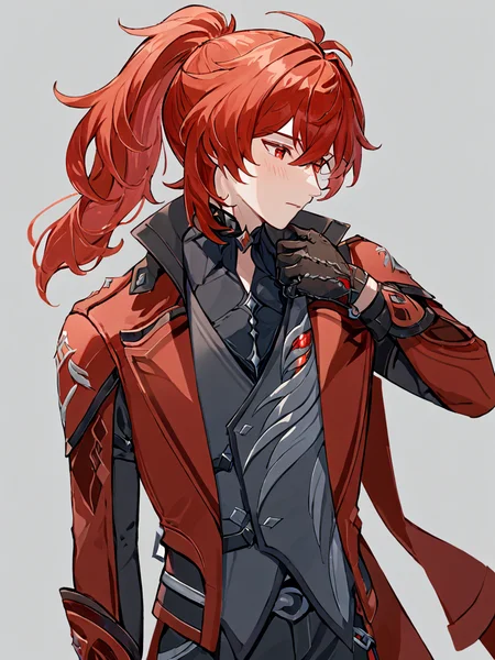 ultra-detailed,(best quality),((masterpiece)),(highres),original,extremely,<lora:diluc2_xl:1>,diluc (genshin impact), 1boy, long hair, male focus, gloves, solo, red eyes, red hair, black gloves, ponytail, black pants, official alternate costume, bangs, pants, red coat, long sleeves, simple background, hair between eyes, coat, vest, blush, shirt, two-tone gloves, sidelocks