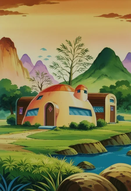 score_9,score_8_up,score_7_up,score_6_up, BREAK mount paozu, retro artstyle, goku house, thin mountain,river, nature, sunset, brown door, window, <lora:MountPaozuPony:1>