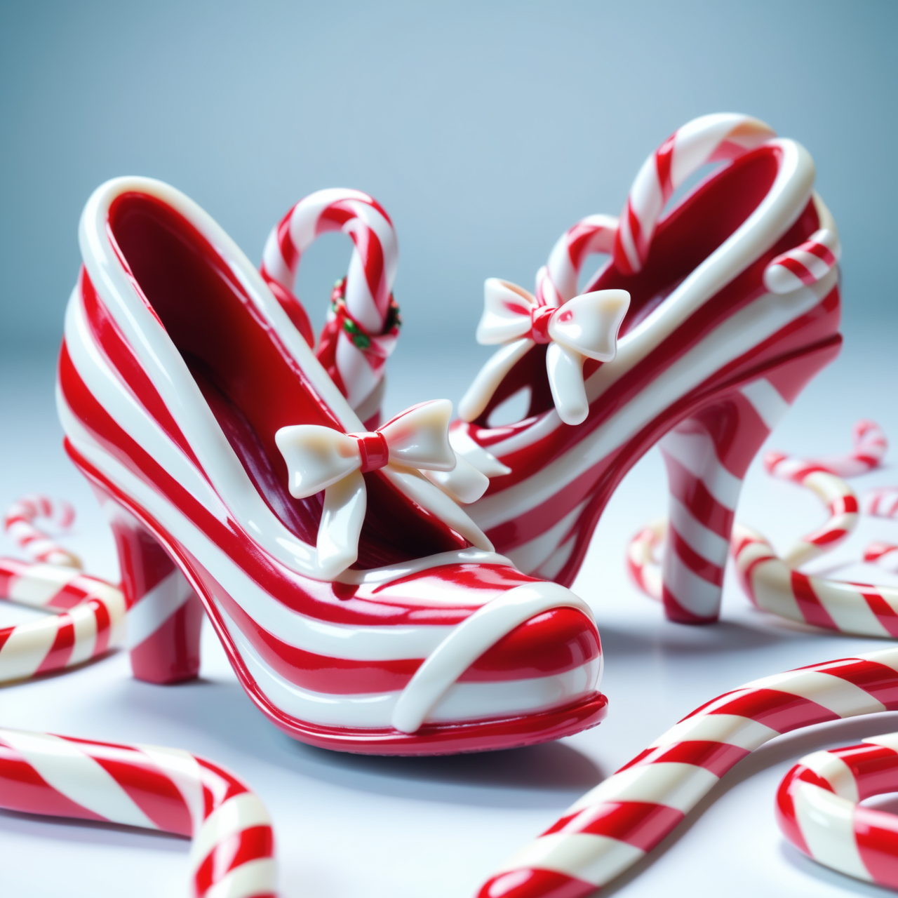 a pair of shoes  made out of Jed-Cndcne , masterpiece, UHD, sharp and in focus  ,<lora:CandyCaneStyle-000005:1>