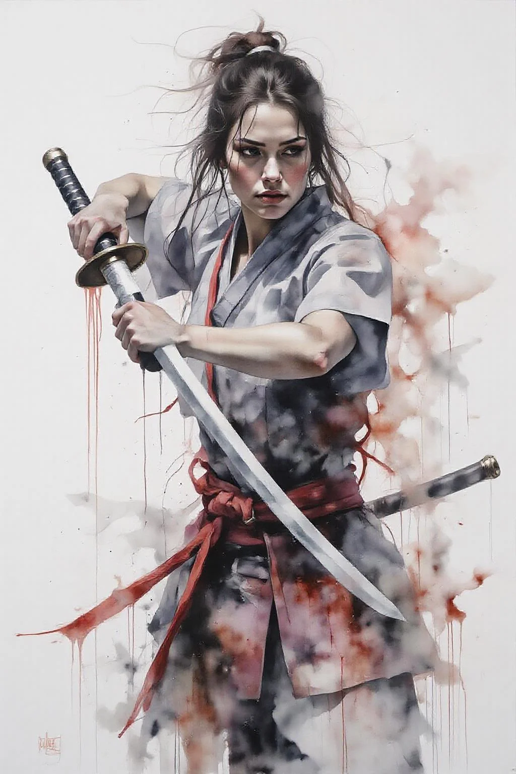 yawc1 watercolor.
a dipiction of a female Japanese samurai warrior wielding a katana, blending form with reality. Glitching the surreal with blurred dreams on a white background. Woven light fuses delicatly with whispering shimmers creating a eyecatching and masterpiece artwork. drifting fog, cracked light and smokey haze in floating threads finishes the dreamlike reality. <lora:yawcolor_nocap_d4a2:1.0> <lora:schnell_v1.0:1.0><lora:798381218849801084:0>