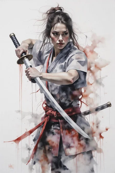 yawc1 watercolor.
a dipiction of a female Japanese samurai warrior wielding a katana, blending form with reality. Glitching the surreal with blurred dreams on a white background. Woven light fuses delicatly with whispering shimmers creating a eyecatching and masterpiece artwork. drifting fog, cracked light and smokey haze in floating threads finishes the dreamlike reality. <lora:yawcolor_nocap_d4a2:1.0> <lora:schnell_v1.0:1.0><lora:798381218849801084:0>
