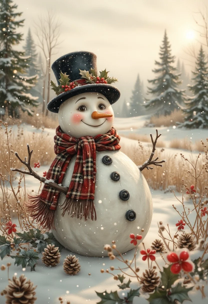 A flower field with a windmill in the distance A highly detailed snowman, wearing a cozy knitted scarf and a vintage top hat, featuring black button eyes, a vibrant orange carrot nose, and twig stick arms, surrounded by a pristine snowy landscape. Snowflakes gently falling in the background, with a soft wintery glow from the sun setting over snow-covered pine trees. Ultra-realistic textures for the snow and clothing, intricate details in the scarf fabric and hat, natural lighting, cinematic depth of field. Rendered in 8K resolution, volumetric lighting, ray tracing effects, subtle bokeh, captured in a medium-wide shot. aidmavintagechristmaspaper