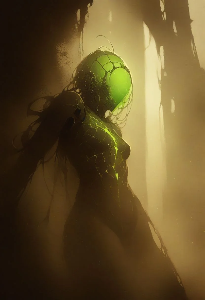 Sexy Naked woman with gold and green mechanical spider legs, cinematic photography, golden cobweb, majestic, awesome, inspiring, closeup, smooth, rust, rustic, sepia, atmospheric haze, cinamatic composition, soft shadows, national geographic style, green glow