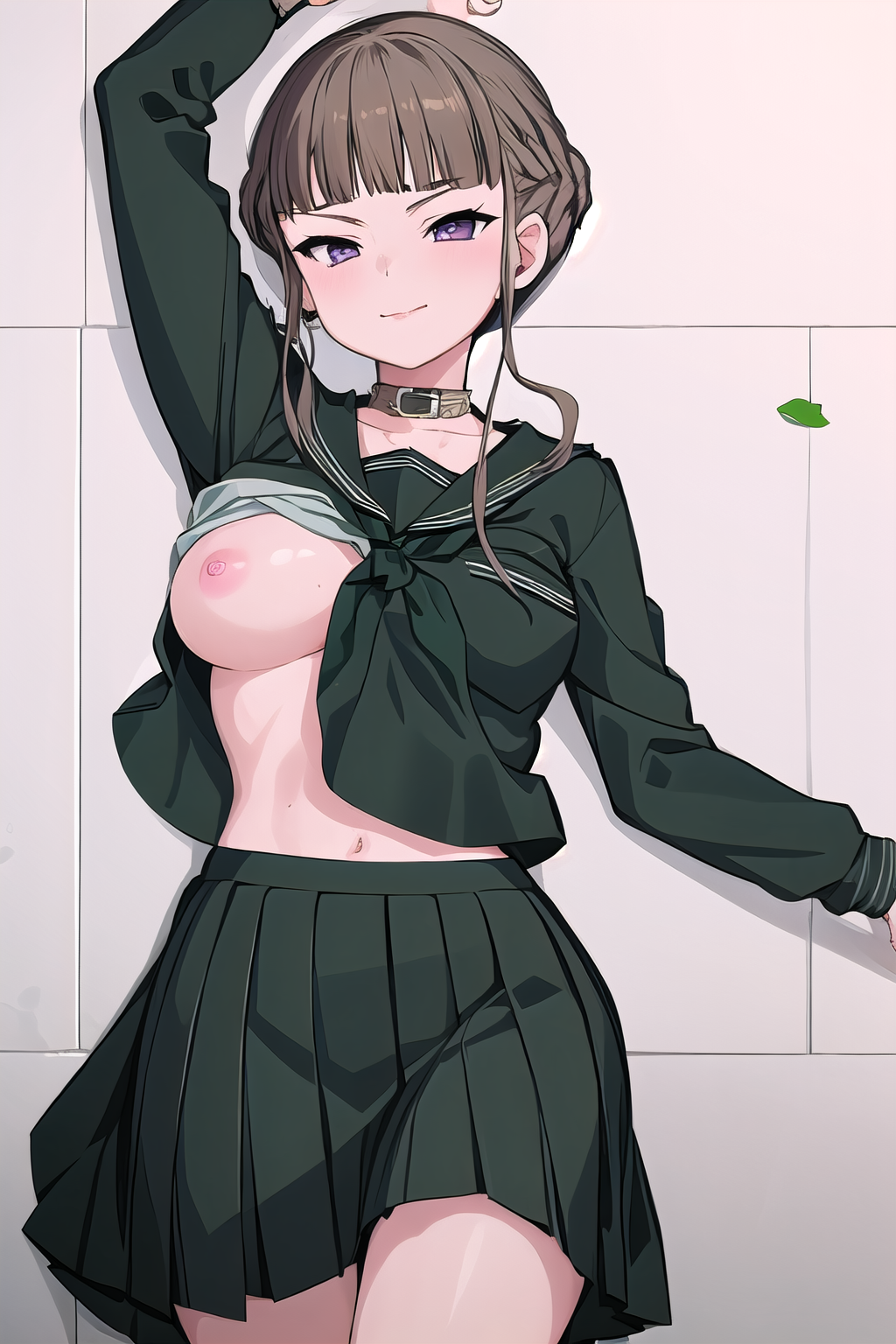 masterpiece, best quality, ultra-high-detailed, One breast out, 1girl,  Manaka Nemu, short hair, braided hair, brown hair, violet eyes, black serafuku, green necktie, black skirt