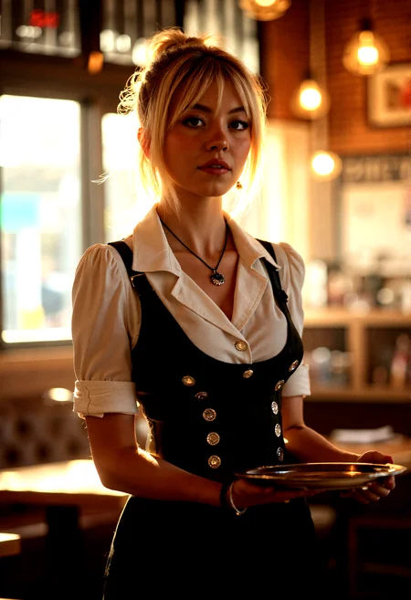 Photorealistic photography of Café environment, with a young 18 years old waitress featuring blonde hair, sw33ny, grey eyes, beautiful figure in a stylish uniform, wearing unique accessories, necklace, punk style ear piercing,
standing, Balancing a tray on her fingertips, looking confident.
Soft ambient lighting, enhancing the warm café atmosphere.
Warm, natural light streaming in through the windows.
8K resolution for ultra-high detail.
Hyperrealistic textures for maximum realism.
Photorealistic rendering for a lifelike appearance.
Ultra-sharp focus on key elements.
Cinematic color grading for a filmic look.
Dynamic range to capture the full spectrum of light.
High dynamic range (HDR) for balanced lighting.
Soft focus on background elements to create depth.
Fine detail enhancement for intricate textures.
Ultra-high contrast for dramatic effect.
Realistic depth of field for a natural look.
Vivid color saturation for a vibrant scene.
Sharp edge detailing on the character and café furniture.
Smooth gradient transitions for a polished look.
Subtle vignetting to focus attention on the character.
Enhanced clarity on all elements.
Realistic motion blur for any movement.
Perfectly balanced lighting for a natural feel.
Natural color tones for the café and character.
Crisp shadow definition for high detail.
Warm, inviting color palette for a serene atmosphere.
Enhanced texture blending for a seamless look.
Subtle noise reduction for a clean finish.
High definition reflections on the café tables and character’s uniform.
Sharp focus throughout for maximum detail.
Ultra-smooth gradients in the background.
High clarity in soft areas for balanced contrast.
Subtle glow effects to enhance the warm atmosphere.
Perfect exposure for natural light and shadows.
Detailed texture mapping for ultra-realism.
Enhanced light reflections on the café and character’s accessories.
Perfectly balanced contrast for visual appeal.
High resolution details for lifelike representation.
Soft shadow transitions for a natural look.
Enhanced light diffusion for realism.
Realistic atmospheric effects to add depth.
High color accuracy for true-to-life tones.
Subtle texture overlays for added detail.
High-definition light beams filtering through the café windows.
Perfectly aligned shadows for a cohesive look.
Enhanced light scattering through the café environment.
Crisp, detailed edges on all elements.
Subtle light flares for added realism.
Balanced color grading for a natural look.
Detailed environmental mapping for a realistic scene.
Ultra-fine detail on all surfaces.
Perfectly integrated elements for a seamless composition.
Cinematic realism for an immersive experience.
Vibrant yet natural color palette to enhance the mood.
High-quality render to capture every detail.