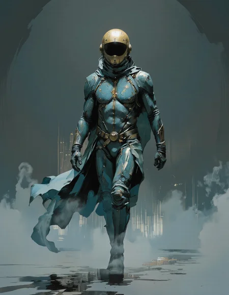 IllusFactor1. A photo-realistic shoot from a frontal camera angle about a mysterious astronaut in a teal, metallic suit with a gold helmet and a flowing cape, walking in a dimly lit environment. the image also shows a moody, ethereal atmosphere. on the middle of the image, a 1man, who appears to be in his mid-twenties, is walking confidently. the astronaut has a slim body and is wearing a blue, textured suit with gold accents. the suit is made of a shiny, metallic material and has intricate designs on the chest and arms. the helmet is gold and has a reflective surface, giving it a shiny appearance. the background is a gradient of teal and grey, with a soft, diffused lighting that creates a sense of depth and dimensionality. the overall mood is mysterious and captivating, with the astronaut standing out against the muted colors of the background.