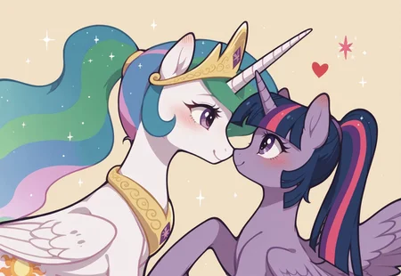 safe_pos, safe_pos, score_9, score_8_up, score_7_up, score_6_up, score_5_up, score_4_up, MinimalStyle, princess celestia, twilight sparkle, alicorn, cute, female, lesbian, looking at each other, mare, mare on mare, ponytail, hug, duo, (colored wingtips), love, blushing, boop, sunny, outdoors, ((close-up))