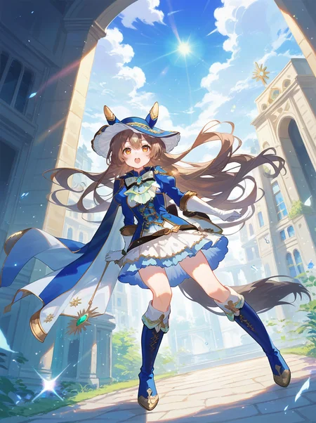 score_9, score_8_up, score_7_up, rating_safe, masterpiece, best quality, absurdres, unity 8k wallpaper, official art, official style, source_anime,
satono diamond \(umamusume\), 1girl, horse ears, horse tail, white gloves, blue knee boots, juliet long sleeves, blue jacket, open mouth, running, full body, looking at viewer,  brown belt, chevalier bull clothes, blue hat, white dress, epaulettes, light green bowtie, side cape
light rays,lens flare,light particles,beautiful detailed eyes,dynamic pose,dynamic angle,outdoor,
 <lora:pony_satono_diamond_v1.02:1>
