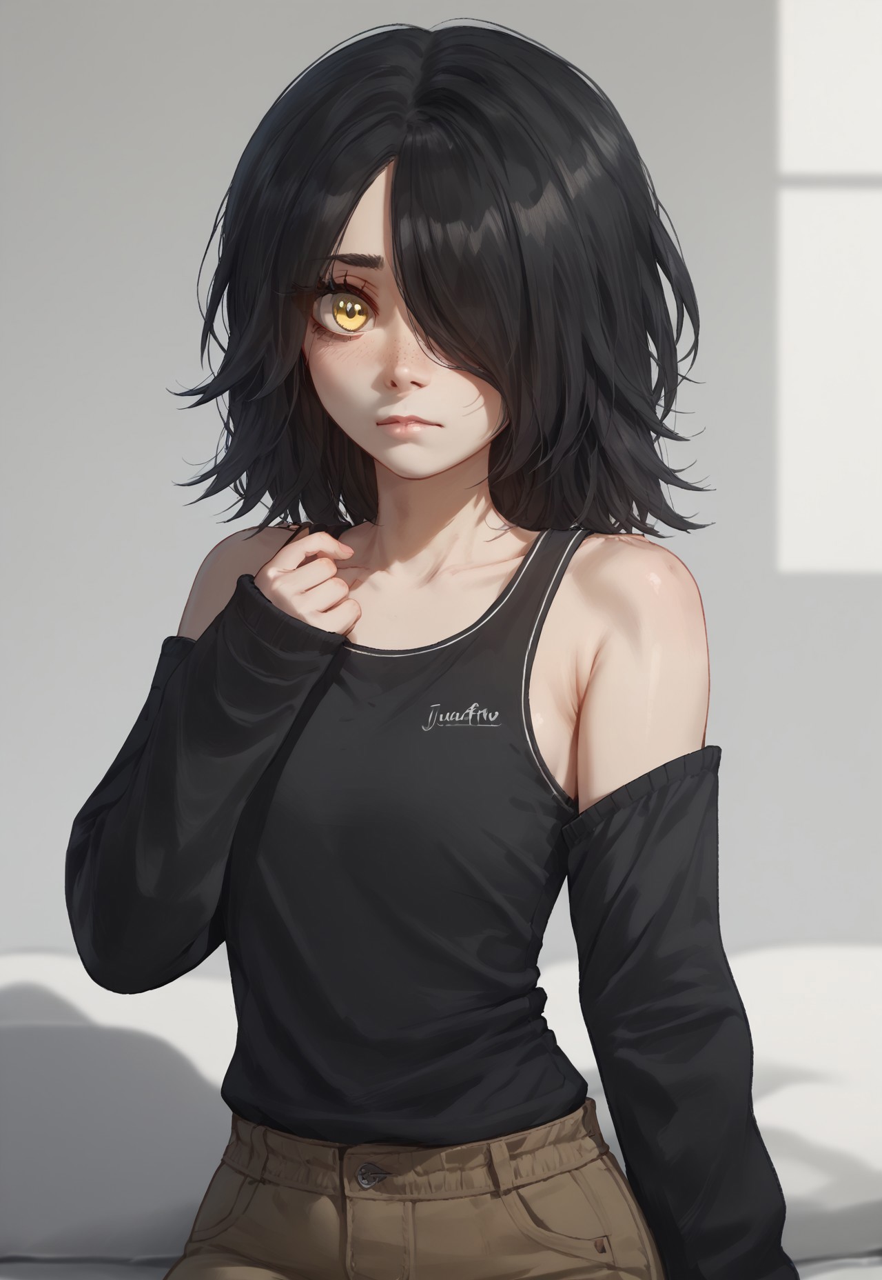 score_9, score_8_up, score_7_up, solo, 1girl, Julia, medium black hair, bang covering her left eye, yellow eyes, sleeveless shirt, arm-warmers, bare shoulders