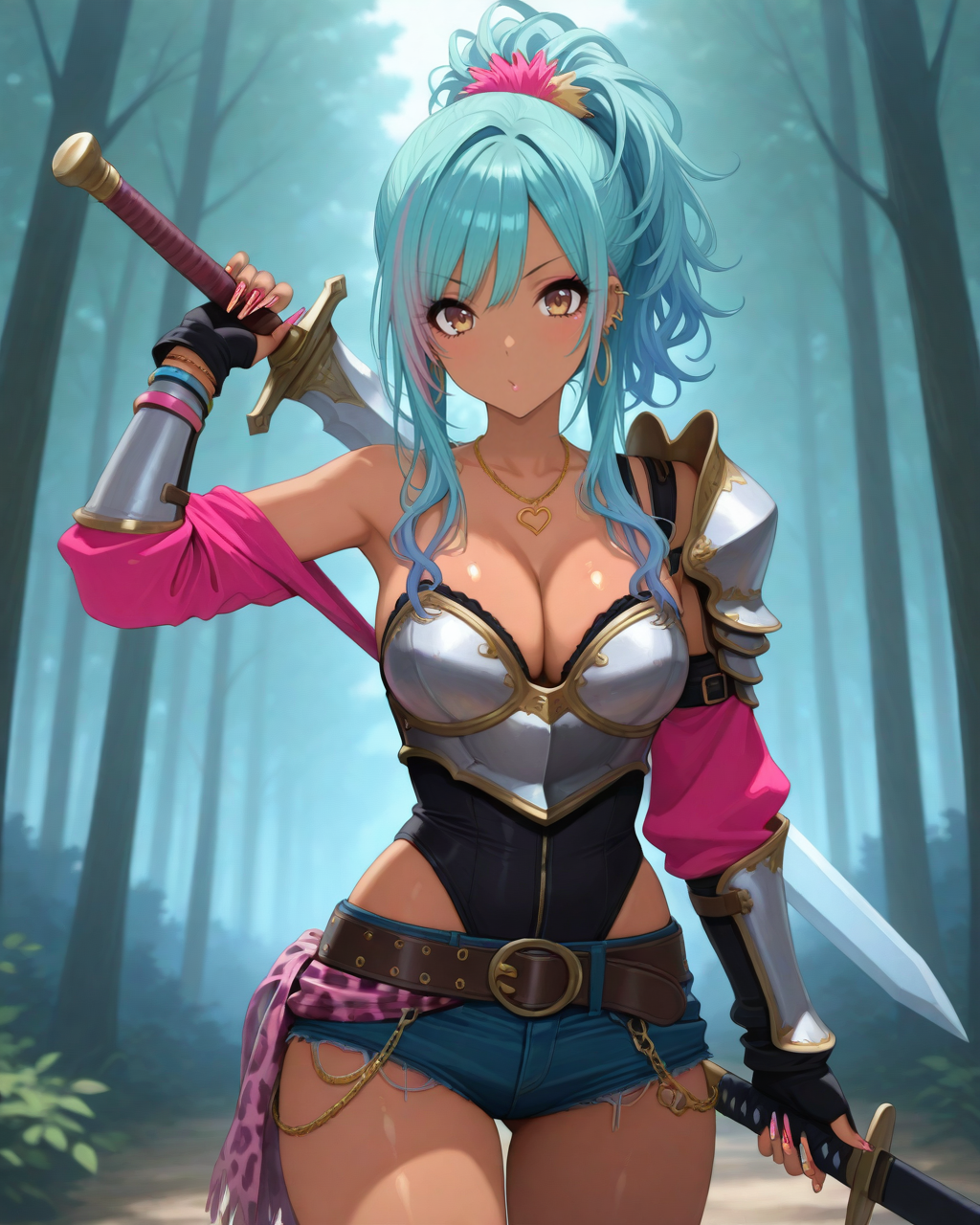 masterpiece,best quality,highres illustration,detailed face,1girl,fantasy,<lora:gyarufashion_IL:1.3>,gyaru,cowboy shot,armor,ponytail,blue hair,holding long sword,forest,