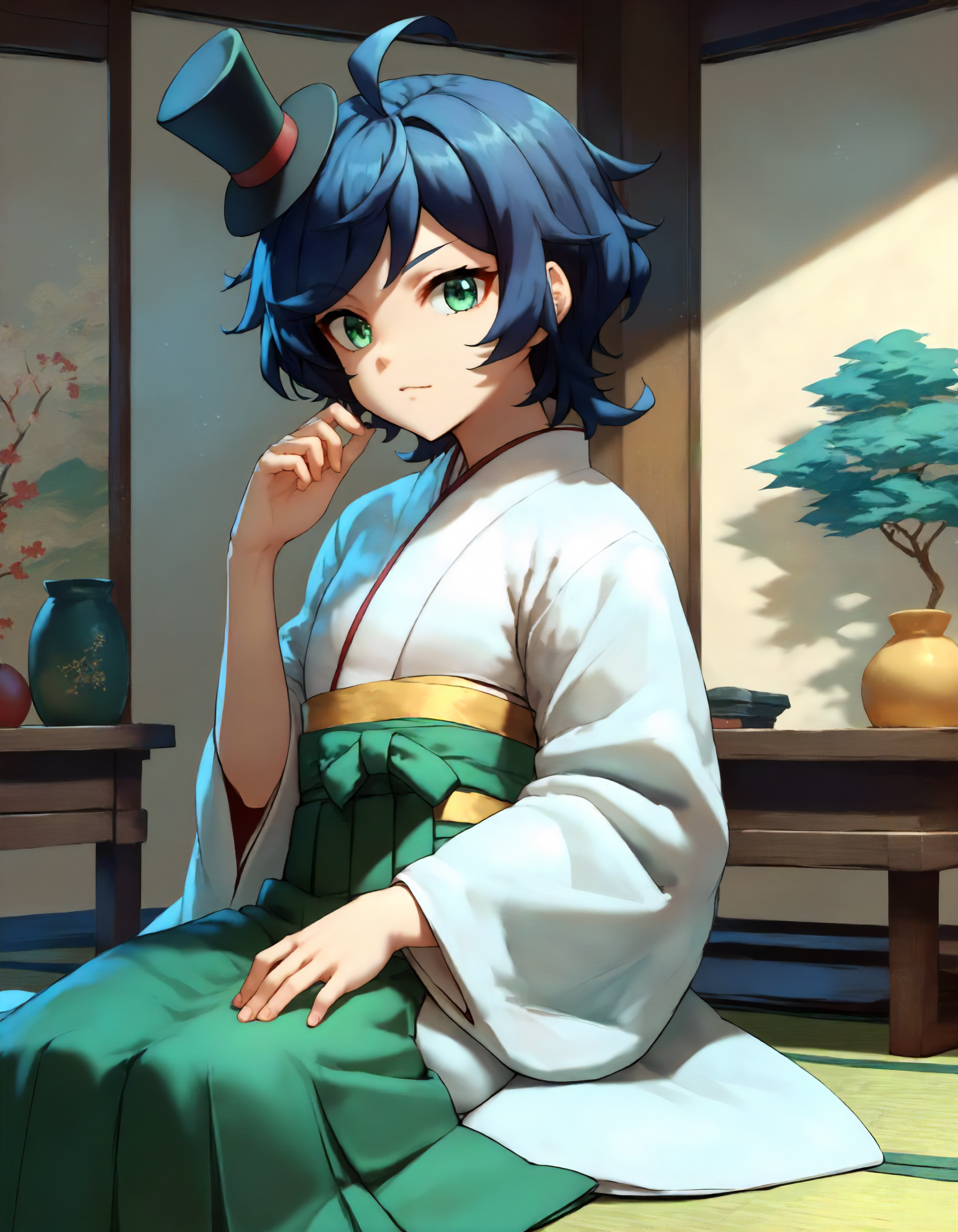 score_9,score_8_up,score_7_up,source_anime,
1girl,solo,looking at viewer,sitting,dormitory,indoors,
<lora:matsukaze_ponyXLV6:0.6>,kcmtkz,black hair,short hair,wavy hair,swept bangs,ahoge,
green eyes,mini top hat,japanese clothes,
white kimono,green hakama skirt,
<lora:Oil Painting Style SDXL_LoRA_10r_5e_56i_nr32_a16_Pony Diffusion V6 XL:1>