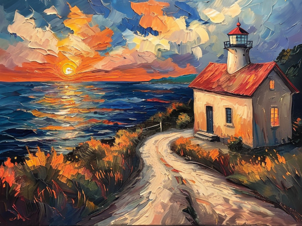 masterpiece,best quality,<lora:tbh123-sdxl:0.7>,Impressionism fine art impasto on canvas. Blissful sunset hues. (((Warm tones,Warm hues))). A cabin by the ocean. A lighthouse on the bluff. Paths leading away. airbrush painting. Atmospheric,moody,rustic.,oil painting,