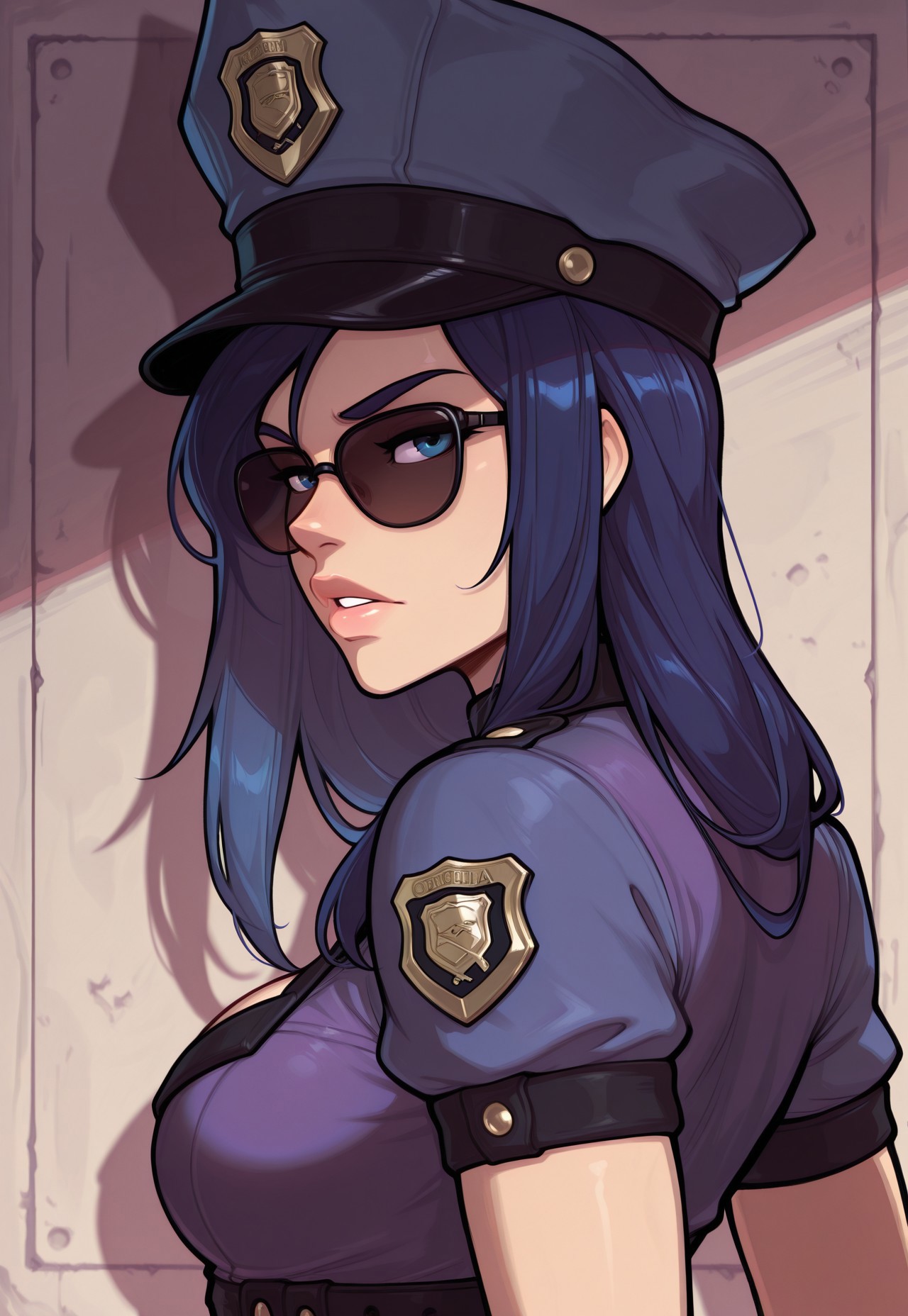 masterpiece, best quality, 2d, mrporty,g0thic, soft shadows, detailed,
BREAK,
1girl, solo, officercaitlyn, blue hair, blue eyes, upper body, portrait,  looking at viewer, parted lips, dynamic pose, sunglasses, medium small breasts, from side