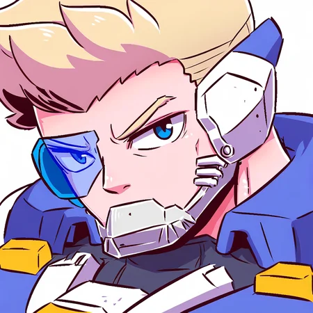 1boy, solo, scouter, blonde hair, armor, transparent background, upper body, portrait, simple background, white background, looking at viewer, blue eyes, jackm, naga u<lora:eps-owmen-step00001600r:1>