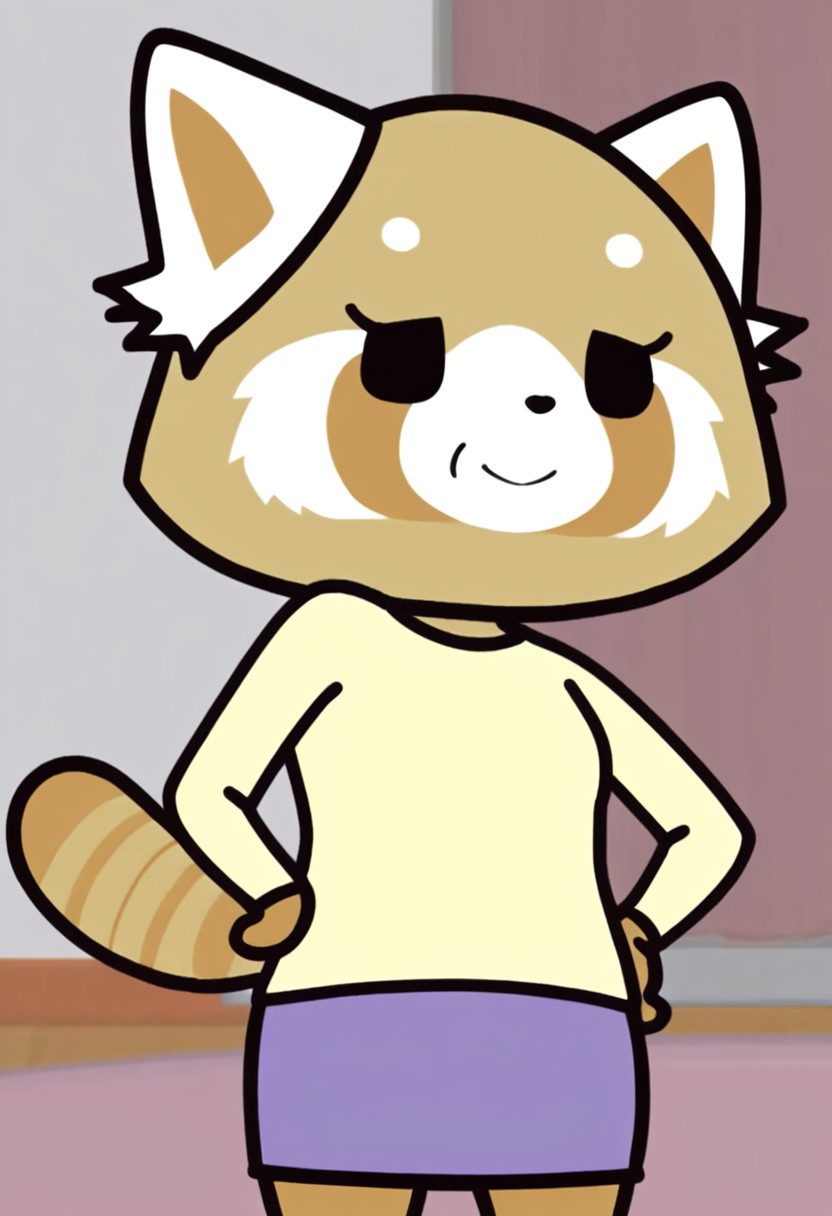 RetsukoMom, female, 1girl, solo, cartoon, furry, red panda, beige fur, white ears,
yellow shirt, purple skirt, red panda tail,
smiling,
standing, hands on hip,