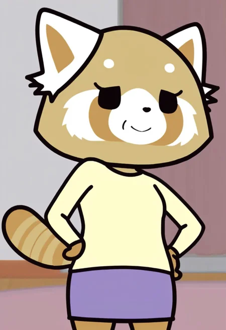 RetsukoMom, female, 1girl, solo, cartoon, furry, red panda, beige fur, white ears,
yellow shirt, purple skirt, red panda tail,
smiling,
standing, hands on hip,