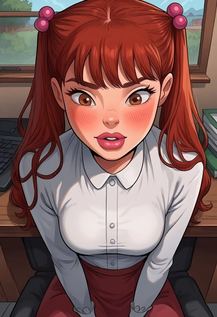 score_9, score_8_up, score_7_up, detailed, detailed body, detailed face,
Expressiveh, flat color, fca style, toon \(style\), 2d, BREAK,
office, sitting on the chair at the desk, (from top:0.4), (front view:1.5), hands on knees, looking down, (blushing:1.9), BREAK,
juliah, (stunning beauty:1.4), perfect cute face, red hair, thick lips, 1girl, long hair, white blouse, red skirt, hair bobbles, twintails, brown eyes