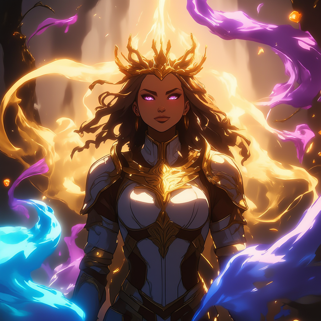 anime,ultra detailed druid goddess with a crown made out of pure light, kind-hearted with a penetrating gaze, golden glow, extremely detailed and beautiful face, gorgeous body, soft copper-colored hair, she wears druid armor, ethereal, magical glow, fantasy art by Mschiffer, ultra sharp focus, ethereal glowy smoke, light particles, roses and vines, brambles  <lora:Add_More_details_Flux:0.8>  <lora:FadooStyleV2_r1:1> FADOOSTYLEV2