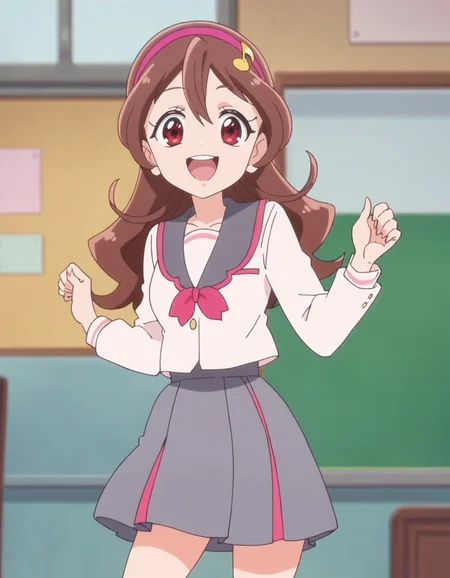 score_9, score_8_up, score_7_up, anime screencap, solo,1girl,sakurauta,school uniform, open mouth, smile,gray skirt, pink hairband, sailor collar,looking at viewer,cowboy shot,medium breasts,<lora:sakurauta_pony_v2:0.8>