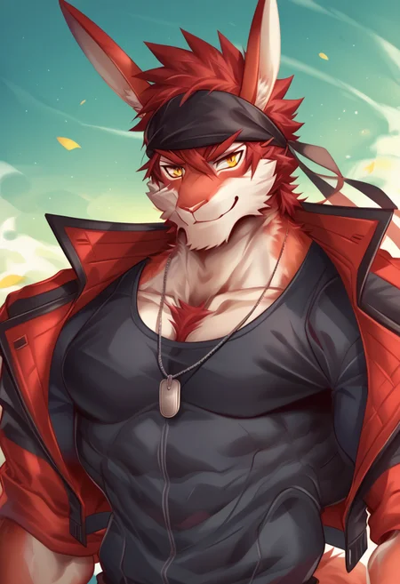 score_9, score_8_up, score_7_up, ((best quality)), absurdres, masterpiece,best quality,anthro,solo,looking at viewer,anime style,(anthro,furry,male focus,muscular,muscular male,pectorals,bara,animal ears,furry male),
,upper body,(1boy,rabbit boy,headband,red hair,rabbit ears,red body,yellow eyes,red eyebrows,jacket,pectoral cleavage,chest fur,rabbit tail),stand,looking at viewer,seductive smile,dog tag,
<lora:Rabbity_style:1> by_rabbity, <lora:Expressive_H:1> Expressiveh,