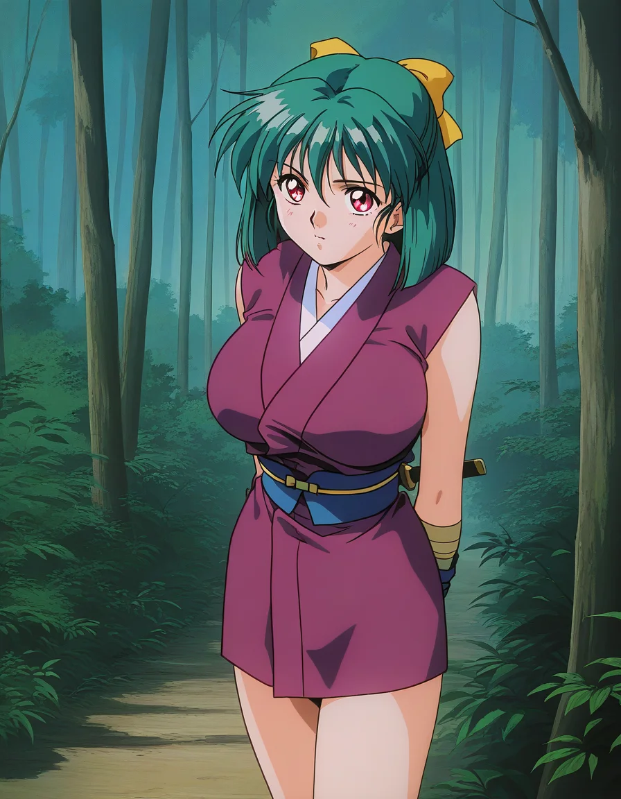 general,highres, ultra-detailed,very aesthetic,best quality ,best hands,  BREAK <lora:Yaku_InjuuGakuen_IS:1.1>
Yaku, 1girl, green hair, short hair, red eyes, large breasts, hair ribbon, Yellow bow, 
japanese clothes, ninja, short kimono, purple kimono, 
1990s \(style\),anime coloring,
copse of trees, forest,