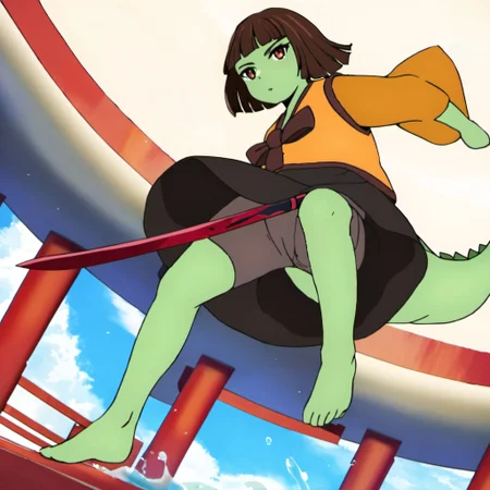 score_9, score_8_up, score_7_up, source_photo, solo, realistic, furry, colored skin, green skin, lizard tail, lizard, bob cut, brown hair, bangs, blunt bangs, red-eyes, orange vest, long brown sleeves, black sword, black skirt resting on tail, kick, barefoot, bike shorts, brown bow, from below, outdoors, water magic, on sky platform <lora:AnaakHazard-PNY:1>