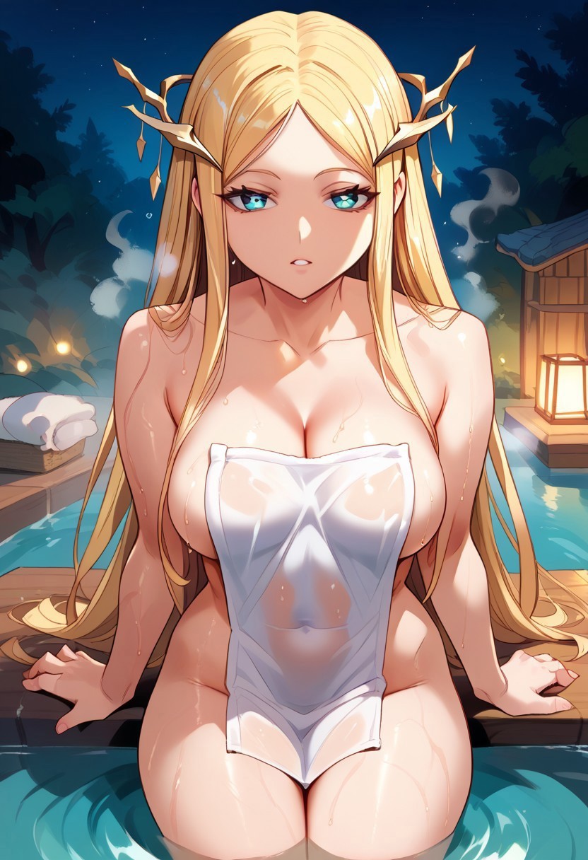 safe_pos, zPDXL3, score_9_up, score_8_up, score_7_up, (Anime_source), 1girl, AudreyArarat, blue eyes, blonde hair, long hair, nude, towel, covering, parted lips, sitting in hot tub, outside, night, trees, cowboy shot, steam, wet, looking at viewer, from above