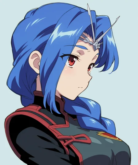 masterpiece, best quality, amazing quality, very aesthetic, ultra detail, clear line, solo, <lora:spall_v01:0.8>, spall, red eyes, blue hair, long hair, single braid, hair ornament, military uniform, emblem, upper body, simple background, <lora:LECO_BadHands:1.2>, <lora:LECO_GoodHands:-1.2>