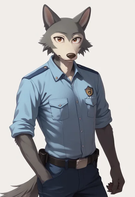 anthro furry male wolf Legoshi,slim body,boy,men, solo, portrait,((male Japanese Summer Police Uniform,light-blue collared shirt, rank slides,short sleeves,sleeves rolled up,dark blue pants,Walkie-Talkie)),((gray fur)),standing,skinny, looking at viewer, fur body,realistic style, (simple background,complex background,sexy pose,wolf tail,Brown eyes,big eyes,cartoon eyes,score_9,score_8,score_7,score_8_up,score_7_up,score_6_up,